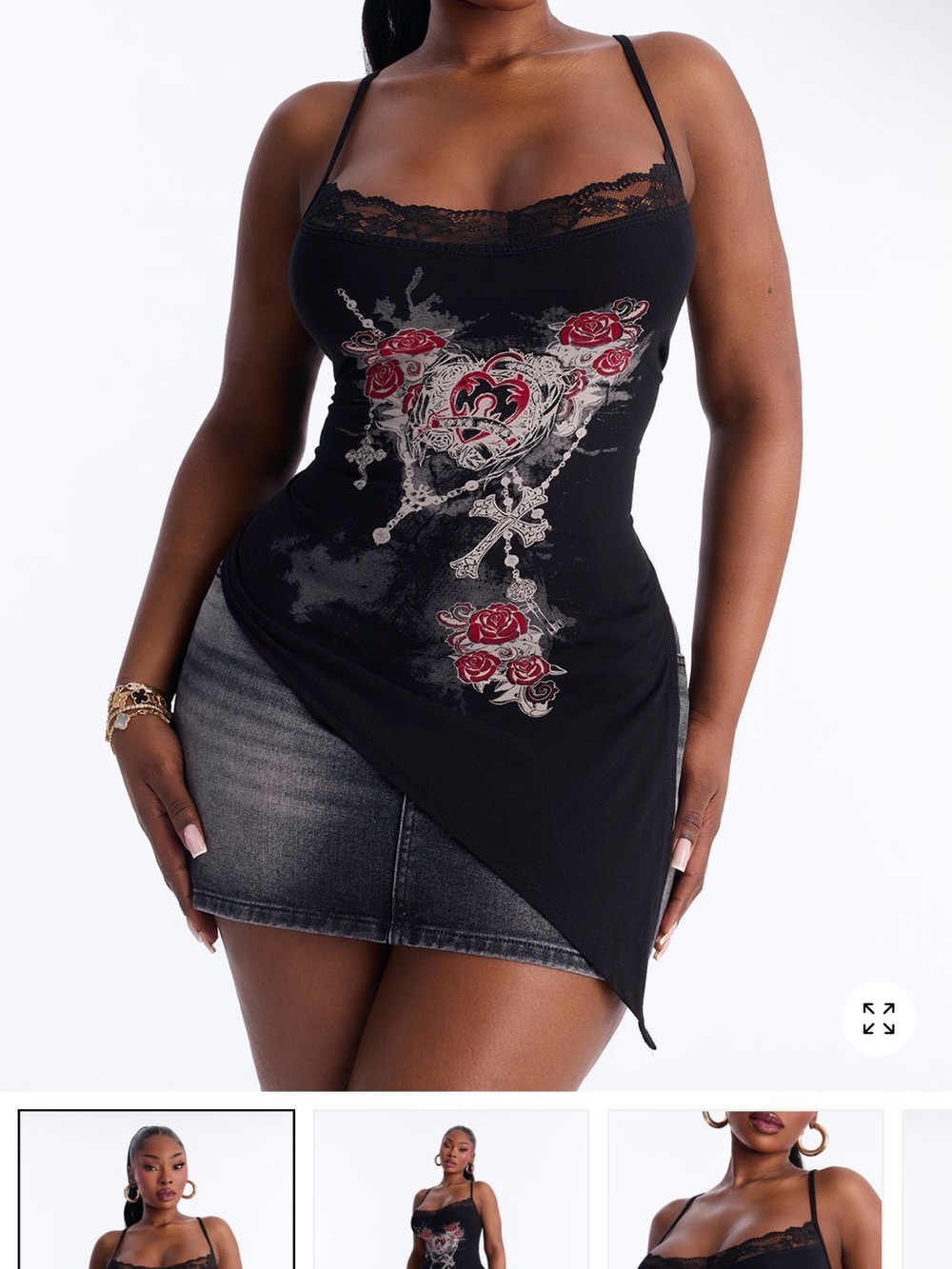 Fashion Nova Black Asymmetrical Lace Trim Graphic Cami Top